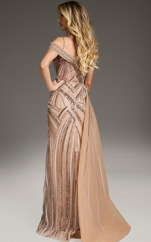 Back view of model wearing Jovani 44843, showcasing intricate beadwork and a graceful drape.