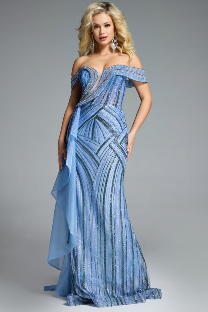Off-the-Shoulder Sequined A-Line Gown with Draped Bodice 44843