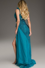 Beaded Gown With Draped Tulle Overlay and Slit 44846 | Jovani