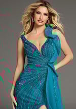 Close-up of Jovani 44846 blue gown's beaded bodice and asymmetrical shoulder detail.