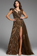 Designer brown dress with a daring slit, adorned with shimmering embellishments.
