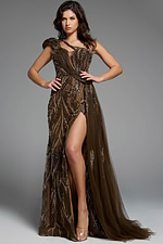 brown one shoulder embellished brown evening dress with high side slit.