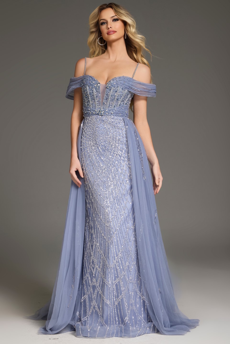 Off-the-Shoulder Gown with Beaded A-Line Silhouette 44845