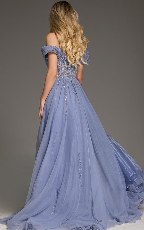 Back view of Jovani 44845 blue gown, showcasing flowing tulle skirt and elegant design.