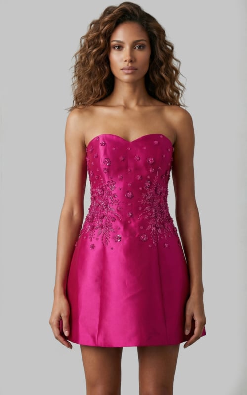 Front view of strapless fitted dress with floral beading and clean structured skirt
