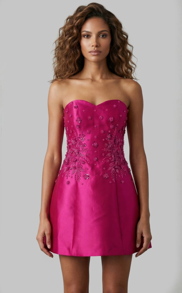 Front view of strapless fitted dress with floral beading and clean structured skirt