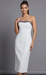Jovani 44894 white strapless midi cocktail dress with multicolor jeweled neckline trim featuring blue, pink, and crystal embellishments along the curved bustline.