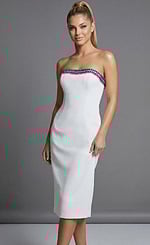 front view of Jovani 44894 white strapless midi dress highlighting the multicolor gemstone embellished neckline with blue, fuchsia, and silver crystal detailing.