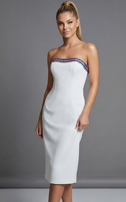 front view of Jovani 44894 white strapless midi dress highlighting the multicolor gemstone embellished neckline with blue, fuchsia, and silver crystal detailing.