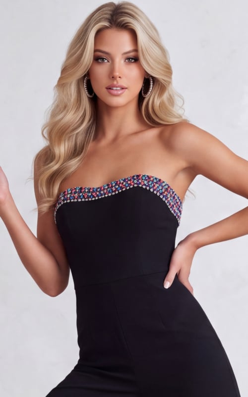 Black strapless jumpsuit with jeweled sweetheart neckline.