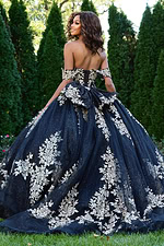 Model wearing Jovani 44900 ball gown with floral embellishments back view