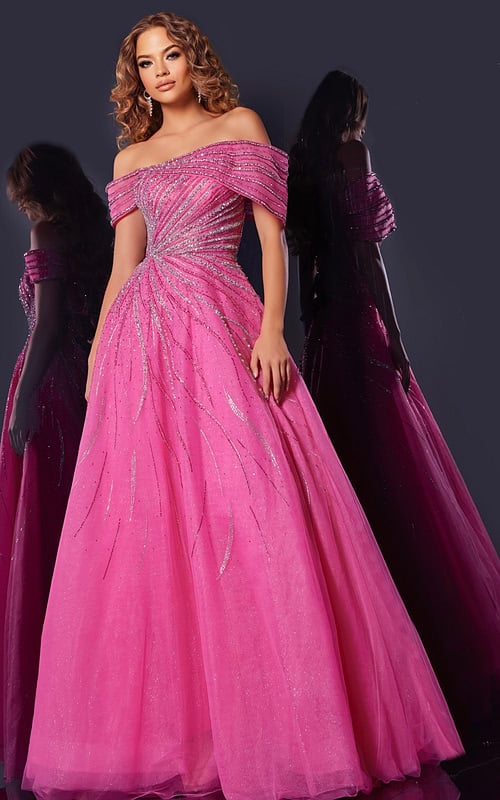 Model wearing Jovani 45067 fuchsia gown with off-the-shoulder neckline and beadwork, front view.