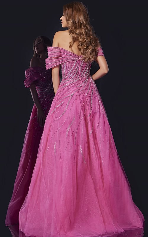 Model wearing Jovani 45067 fuchsia gown, back view showing elegant flow and off-the-shoulder design.