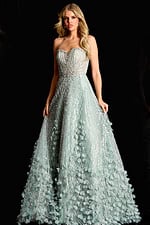 Strapless beaded gown with 3D floral appliqués