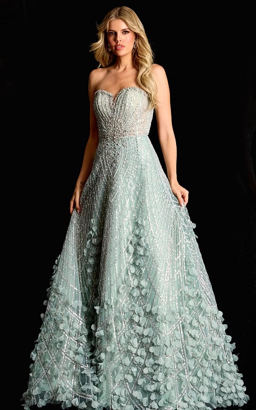 Strapless beaded gown with 3D floral appliqués