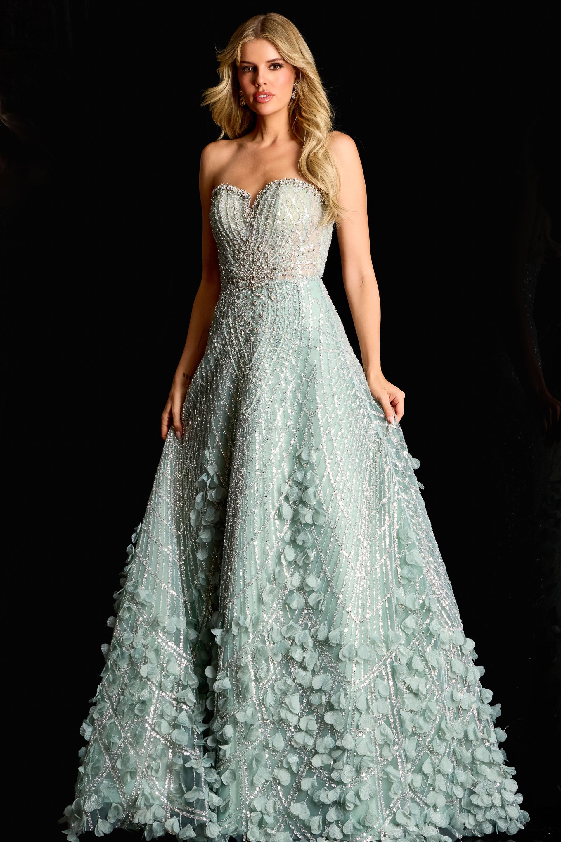 Strapless beaded gown with 3D floral appliqués