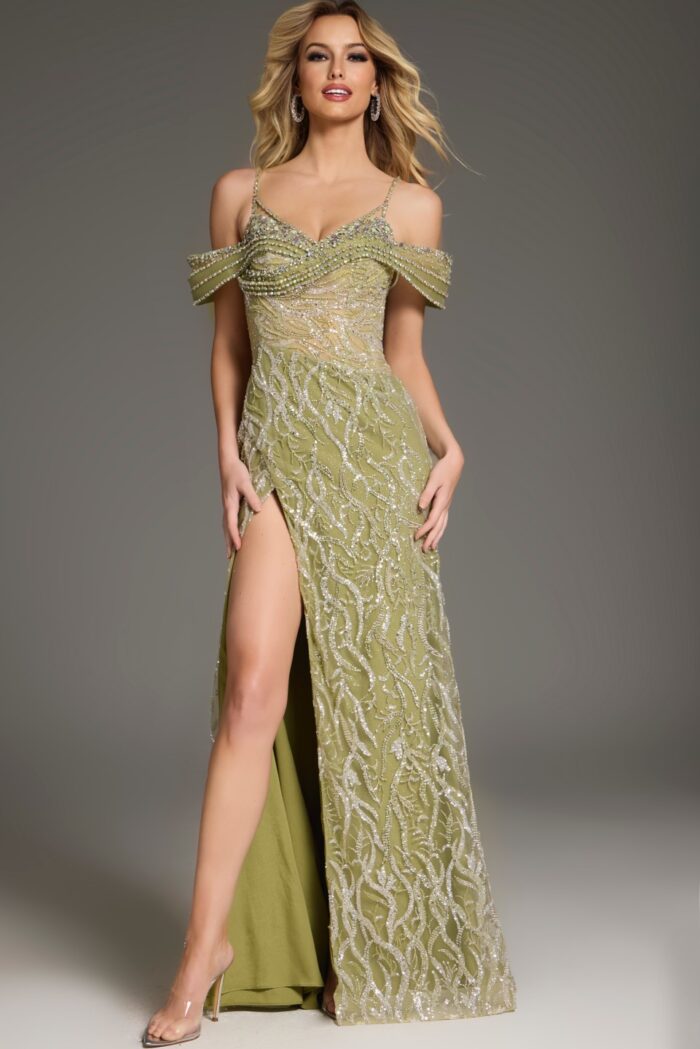 Model wearing Jovani 45072 green gown featuring a high slit and sweetheart neckline.