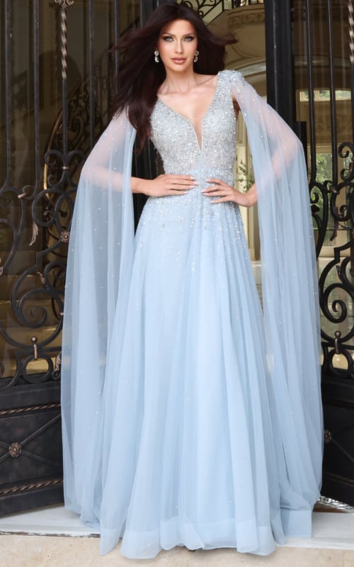 Light blue beaded gown with sheer cape sleeves and full tulle skirt, front view