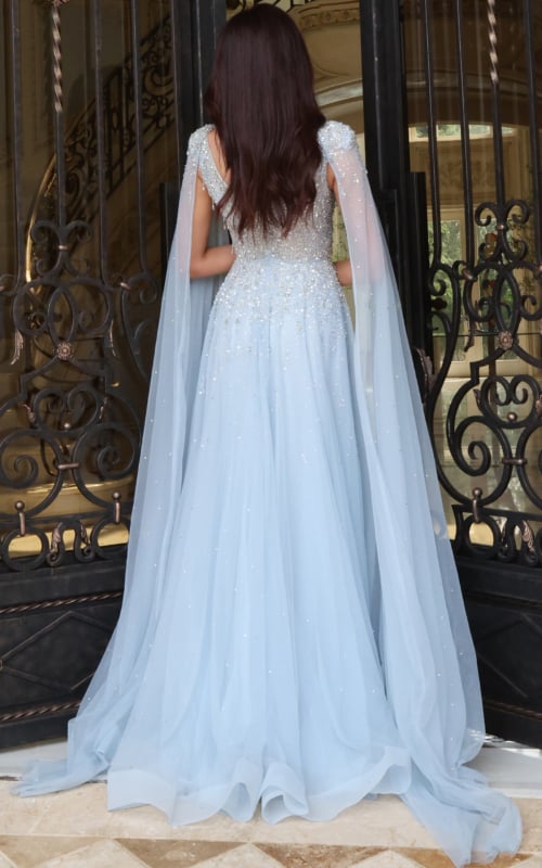 Light blue beaded gown with sheer cape sleeves and full tulle skirt, back view