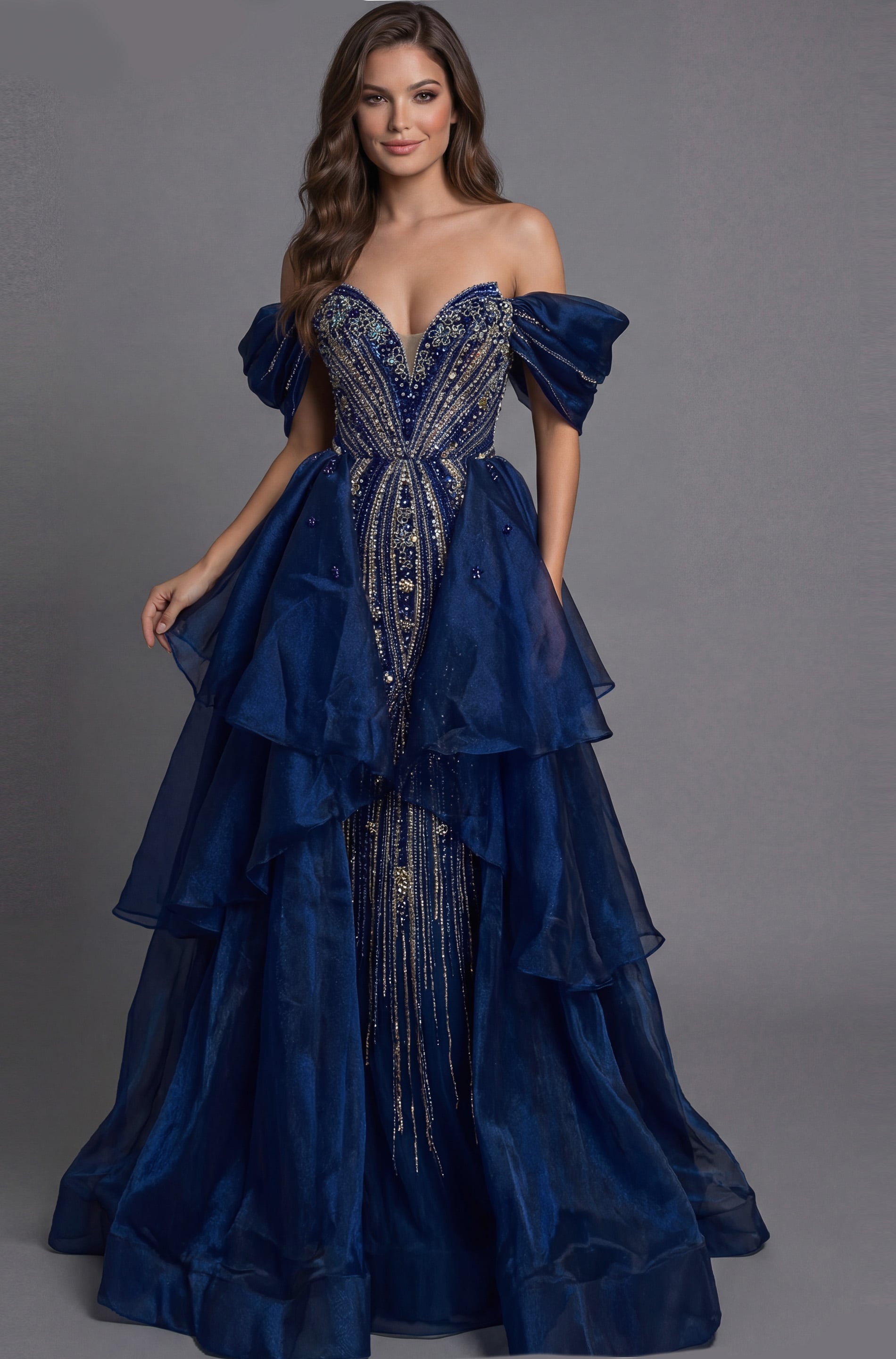 45076-3 Jovani 45076 navy blue off-the-shoulder ball gown with crystal and silver beaded bodice, puff sleeves, deep sweetheart neckline, and tiered layered organza skirt with beaded center panel.