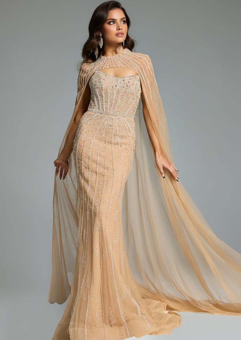 45077-beige Model wearing Jovani dress 45077.