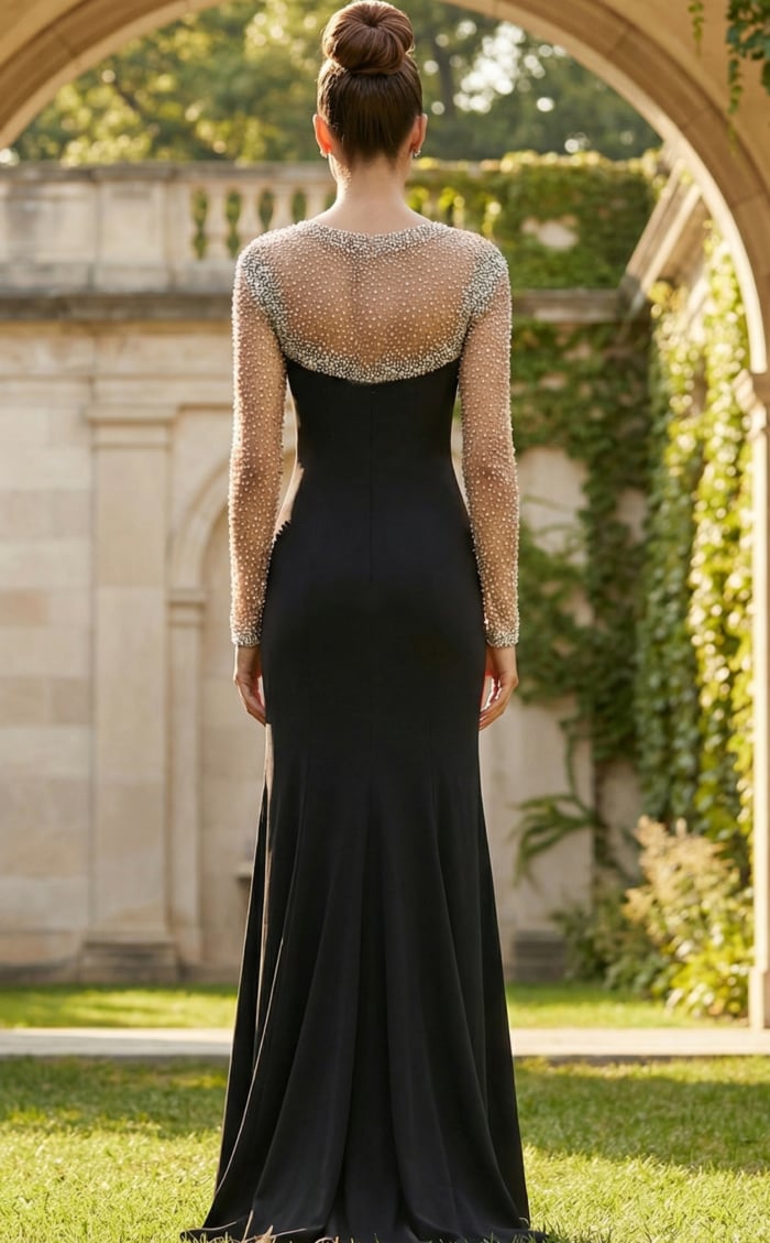 Back view of fitted gown with sheer beaded long sleeves, smooth skirt, and elegant floor length silhouette