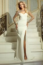 white high slit dress with embellished sleeves