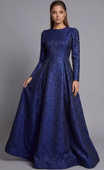 Jovani modest evening dress with long sleeves and full floor length skirt