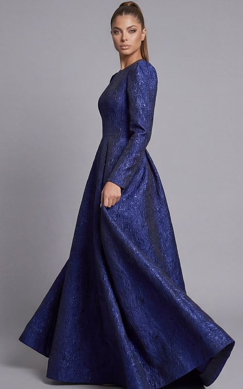 Structured Jovani modest evening dress with textured fabric and fitted bodice