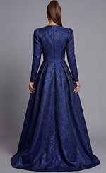 Back view of Jovani modest evening gown with high neckline