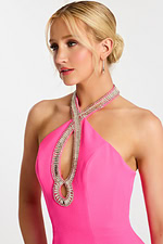 Close-up of rhinestone halter neckline and front cutout