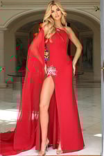 One shoulder gown with crystal embellishments and cape sleeve