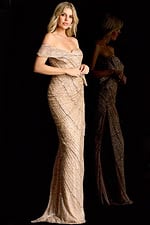 Glamorous floor length gown featuring off shoulder straps and thigh high slit