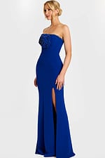 Royal blue evening dress with slit and embellished bodice