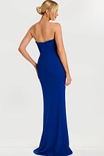 Back view of strapless fitted dress in royal with crystal trim