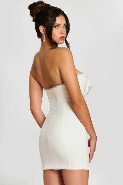 Back view of off-white strapless bodycon dress