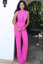 Jovani 45171 hot pink sleeveless tailored two piece pant suit with shawl collar vest top and wide leg trousers