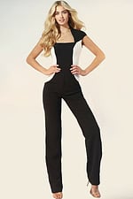 Black and white fitted jumpsuit with square neckline