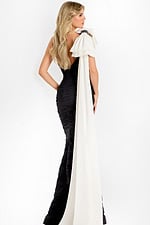 Fitted ruched evening dress with dramatic shoulder detail