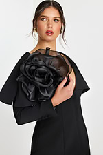 Deep V-Neck Black Suit with Draped Bodice and Satin Rose