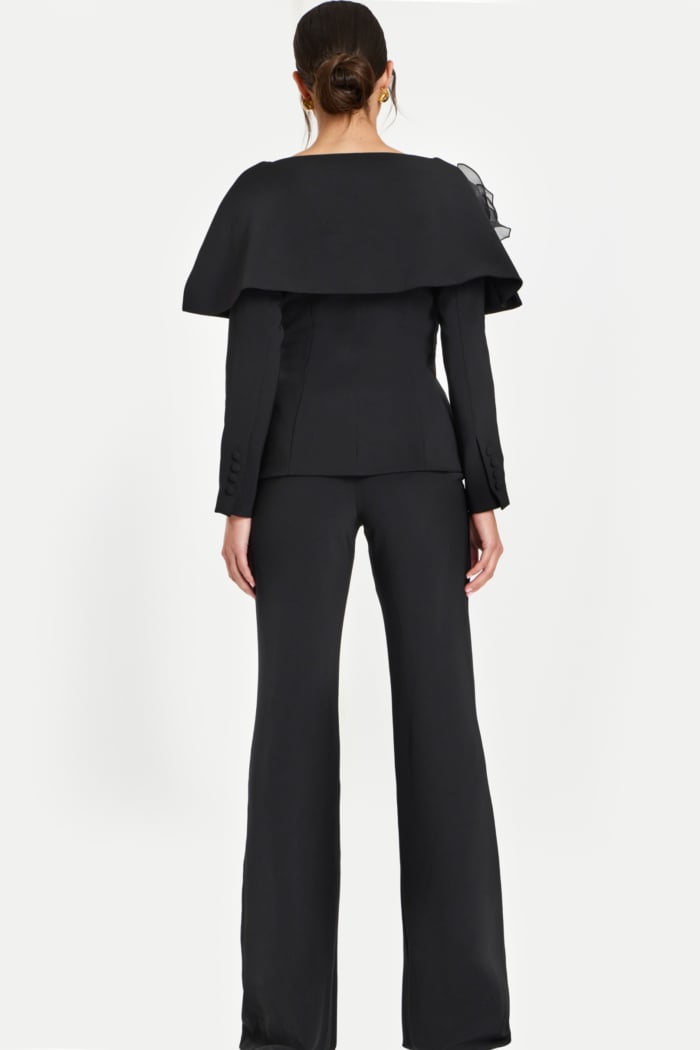 Elegant Black Power Suit Featuring 3D Floral Accent and Flared Pants