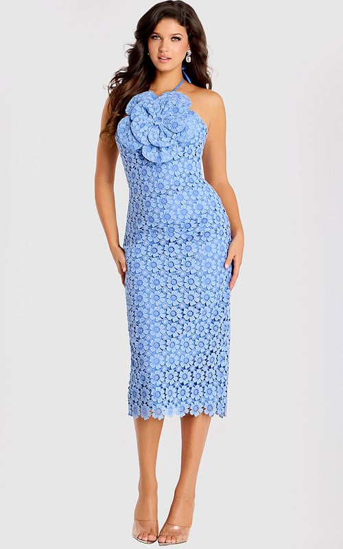 Sophisticated floral lace dress with body-hugging silhouette and sheer texture