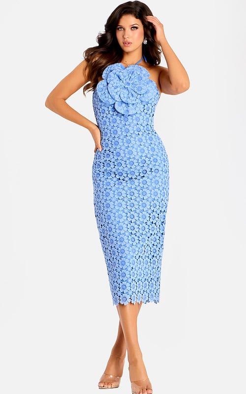 Elegant fitted lace dress featuring strapless back and scalloped hem