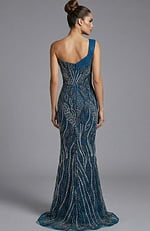 Back view of one shoulder fully beaded gown with fitted silhouette and train