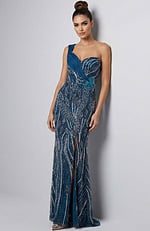 Front view of one shoulder beaded gown with fitted bodice and front slit