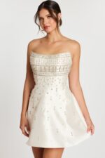 Off-White Mini Dress Featuring Rhinestone Beaded Bodice