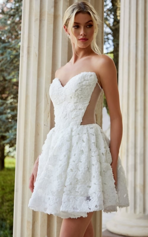 v neckline short fit and flare dress with side sheer panels 45227