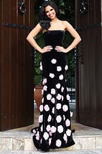 Strapless Velvet Gown With Rosette Appliqués