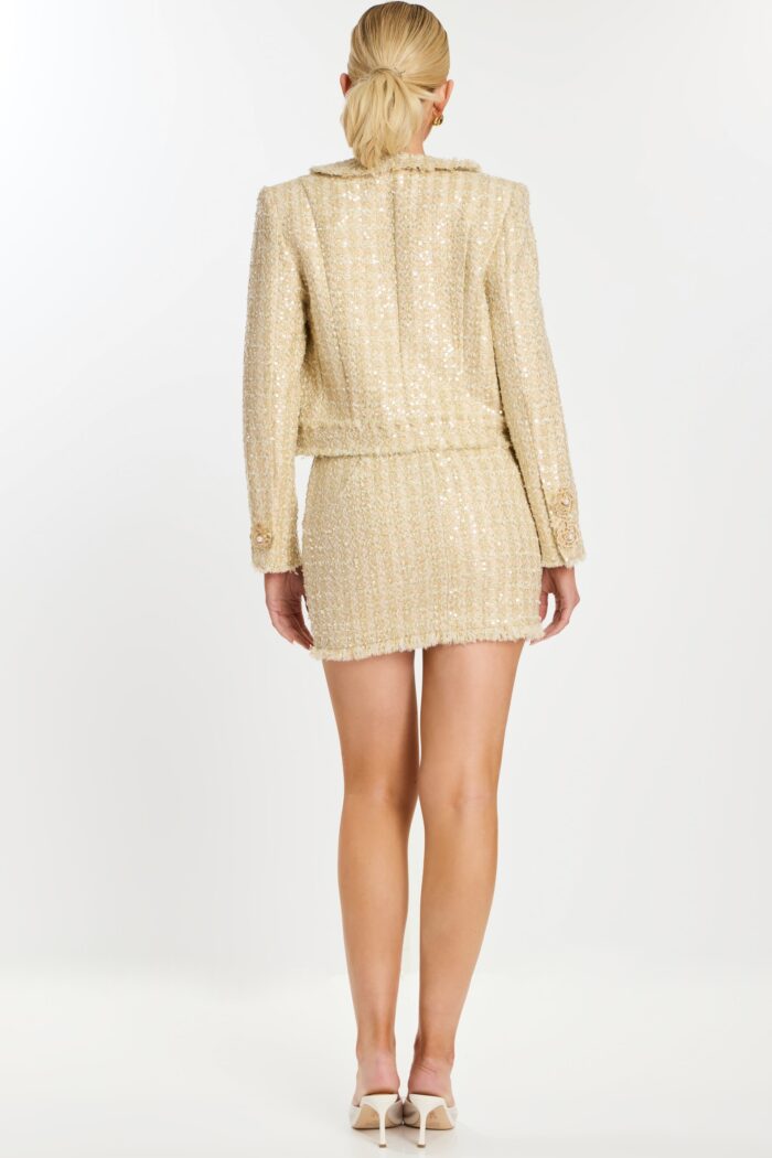 Textured Sequin Jacket and Skirt Matching Set in Champagne