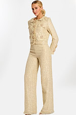 Front view of champagne tweed sequin pantsuit with pearl-embellished jacket